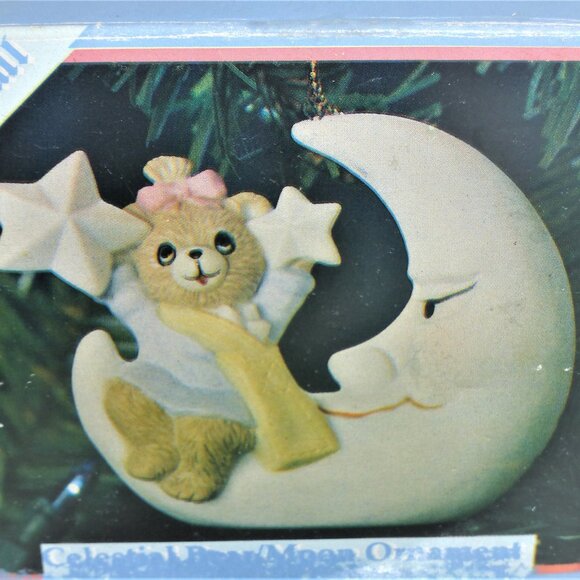Nobel Ball BEAR MOON Christmas Ornament Light Up Hand Painted Vintage Teddy Bear - Picture 1 of 7